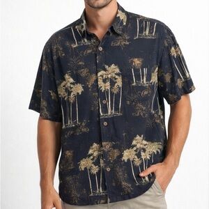 Joe Marlin Hawaiian Button-Up Shirt Men's Size Large Navy Blue Palm Tree Print
